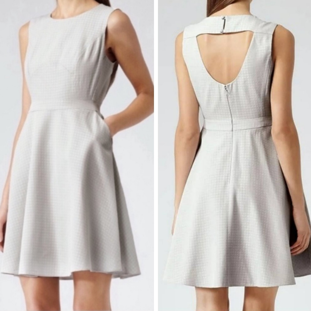 Reiss Natalie Houndstooth Keyhole Back A Line Mini Dress Silver Grey 6